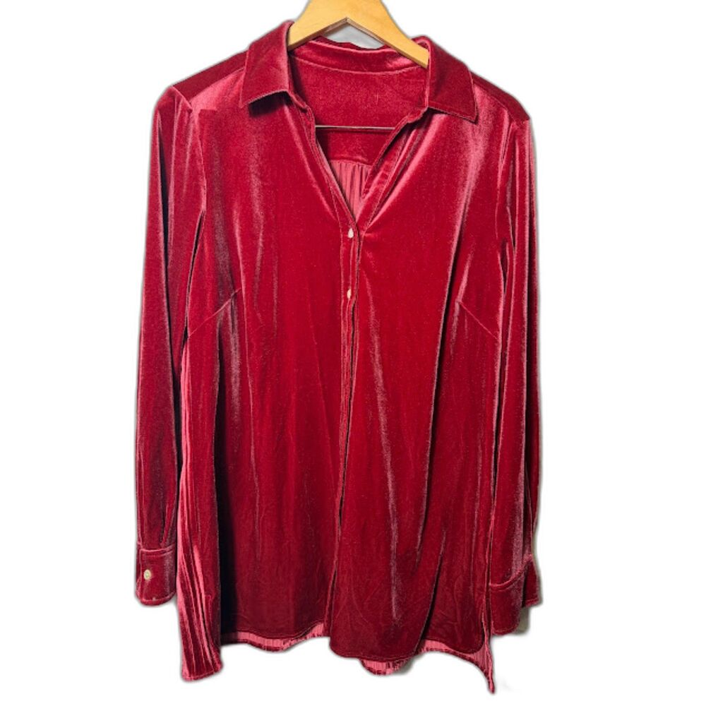 Foxcroft Velvet Blouse Tunic Top Red Burgundy Size L/XL Pleated Back Holiday